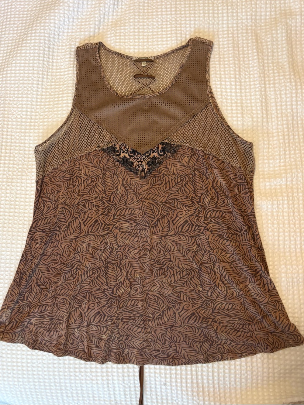 gimmicks by BKE Brown Leaf-Print Tank with Mesh Yoke